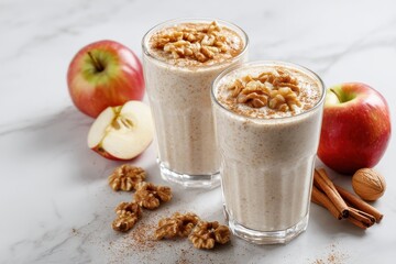 Nutritious plant based meal Morning or snack option Apple pie smoothies with apples yogurt cinnamon nuts Served in a glass on a marble table Empty space above