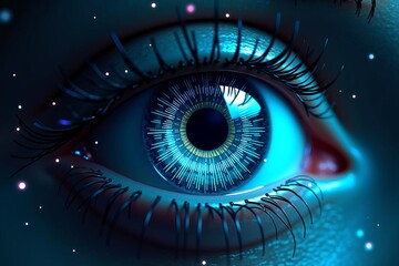 Futuristic close up of a human eye glowing with digital light, representing artificial intelligence, technology and visionary innovation