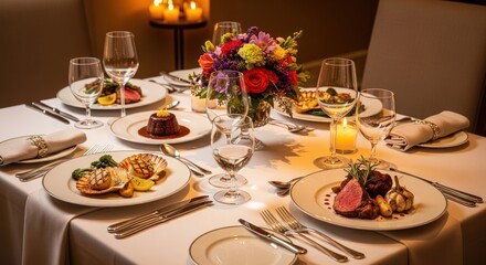 Elegant dinner table setting with gourmet meals, candles, and floral centerpiece.