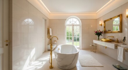 Elegant bathroom with a freestanding tub, marble countertop, gold fixtures, and arched window overlooking greenery.