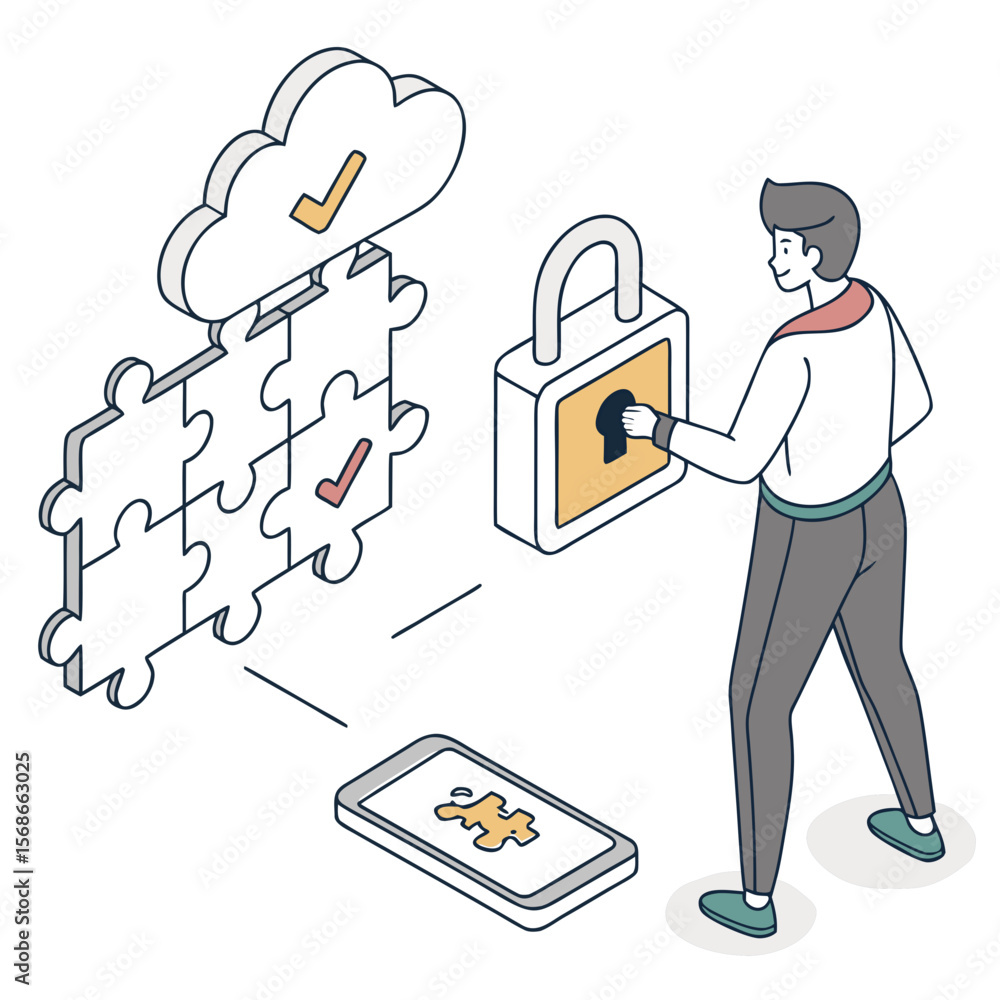 Poster person securing cloud data with lock and phone security