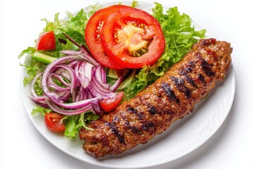 Top view of grilled Urfa kebab served with tomato salad and onion on a white background