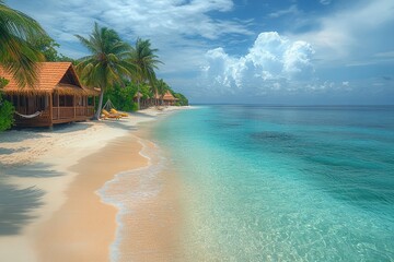 Tropical beach bungalows on sandy shore with palm trees under a sunny sky. Ideal for travel ads, vacation packages, or promoting relaxation, escape.