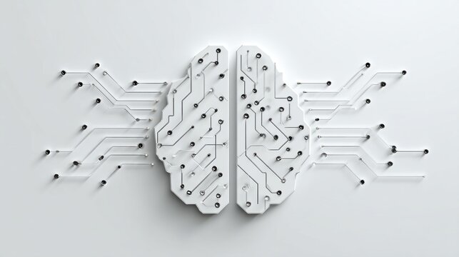 Geometric brain outline with neural pathways on white background, casting shadow - Powered by Adobe