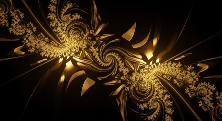 Intricate golden fractal patterns swirl and intertwine against a dark background, creating a mesmerizing abstract design.