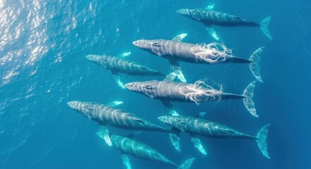 Aerial view of a pod of humpback whales swimming in the ocean, some entangled in fishing gear.