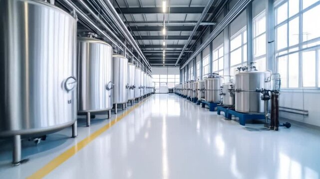 Steel Tanks Row in Bright Industrial Plant Cleanroom Setting Background Footage