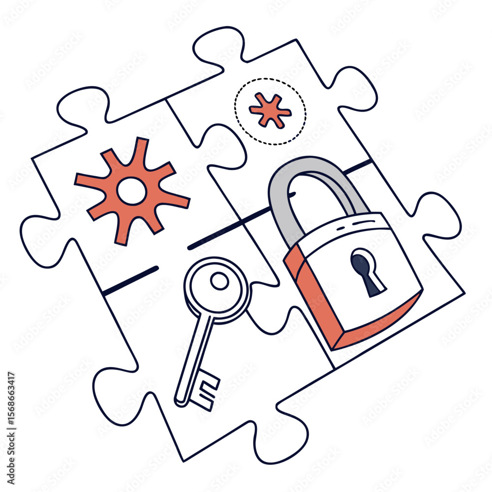 Poster puzzle pieces with lock key and gears security