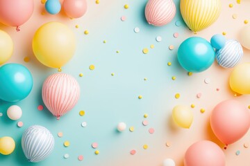 Pastel balloons and confetti scatter on a soft gradient background. Use for birthdays, party invitations, and general celebration designs.