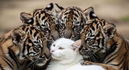 Four tiger cubs closely surrounding a white cat, showcasing a curious interaction.
