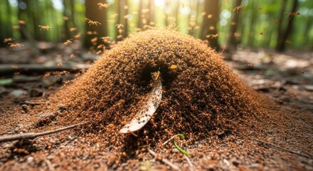 A bustling ant hill in a sun-dappled forest, ants swarming in and out of their earthen mound.