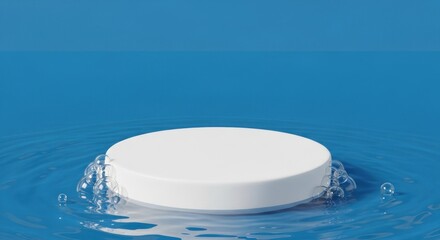 A white tablet dissolving in blue water, creating ripples and bubbles.