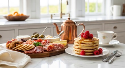 Breakfast spread featuring pancakes with raspberries, charcuterie board, teapot, and tea cup on a kitchen counter.