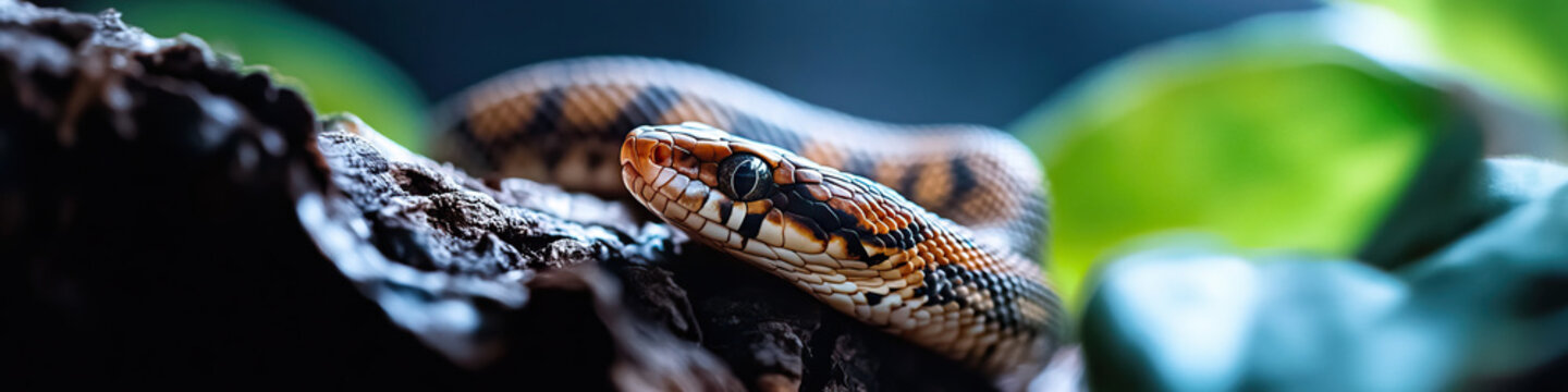 Honduran Milk Snake on Wood with Blurred Foliage Background