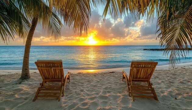 Two beach chairs face the ocean at sunset under palm trees. Evokes vacation, relaxation, and travel imagery for promotional use.