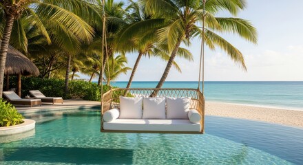 Luxury beachside swing over a swimming pool, surrounded by tropical vegetation.