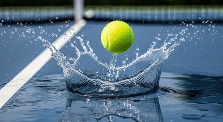 A tennis ball creating a splash as it impacts the wet court surface.