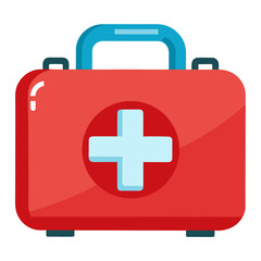 Obraz premium Red first aid kit with blue handle and white cross medical emergency