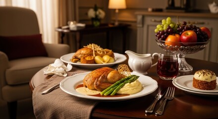 Elegant roast chicken dinner served with potatoes, asparagus, and mashed potatoes, presented on a beautifully set table in a luxurious dining room.