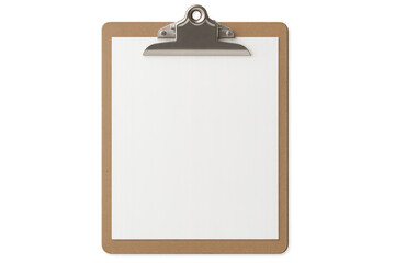 Clipboard with blank white paper is waiting to be used, featuring a transparent background for easy integration into any project