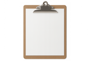 Clipboard with blank white paper is waiting to be used, featuring a transparent background for easy integration into any project