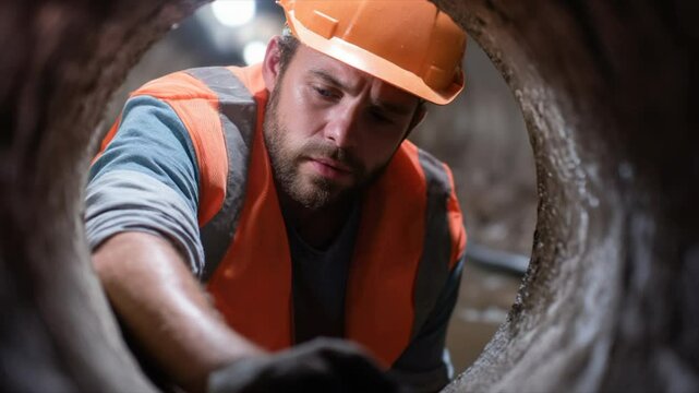 A male construction worker wearing an orange vest and hard hat