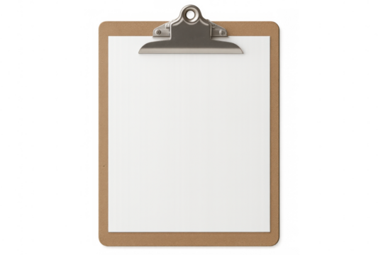 Clipboard with blank white paper is waiting to be used, featuring a transparent background for easy integration into any project