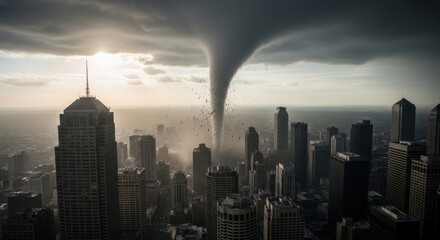 A massive tornado descends upon a city skyline, threatening buildings and structures.