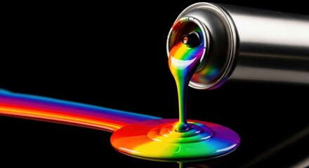Colorful paint pouring from a spray can, creating a vibrant rainbow effect on a dark surface.