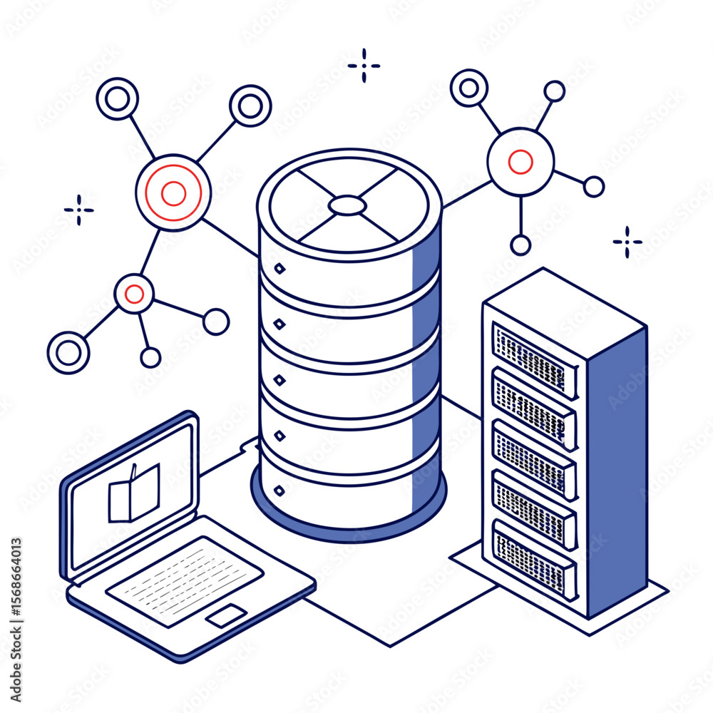 Poster server rack laptop and network nodes vector