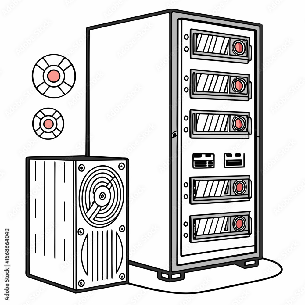 Poster server rack with power supply and circular components computer technology