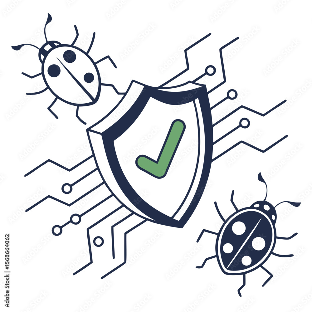 Poster shield with checkmark and bugs on circuit board ladybug