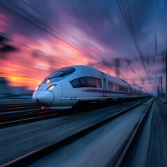 Bullet train high speed with among urban landscape., High speed bullet train speeding with urban landscape.