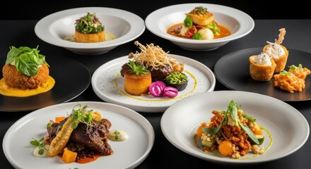 An assortment of elegantly plated gourmet dishes, showcasing culinary artistry with diverse ingredients and vibrant garnishes.