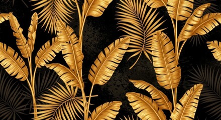 Golden tropical leaves pattern on a dark background.  Elegant, repeating design featuring banana and palm fronds.