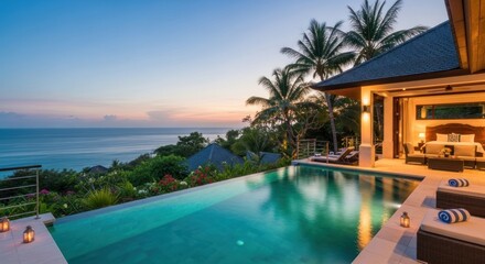 Luxurious villa with infinity pool overlooking the ocean at dusk.