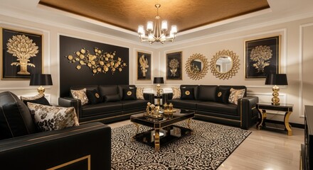 Elegant living room interior featuring black sofas, gold accents, decorative wall art, and a patterned rug.