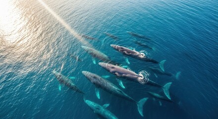 Aerial view of a pod of whales swimming in the ocean, sunlight reflecting on the water's surface.