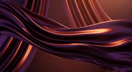 Fluid, shimmering dark purple and orange fabric drapes elegantly, creating abstract curves and folds.