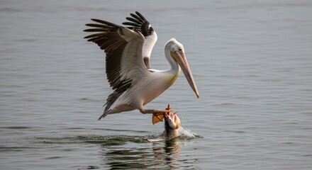 A pelican with outstretched wings, capturing a fish from the water's surface.