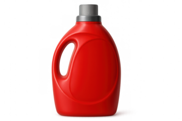 Red plastic detergent bottle with gray cap isolated on transparent background, perfect for showcasing your product design