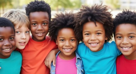 A group of diverse children smiling and embracing outdoors.