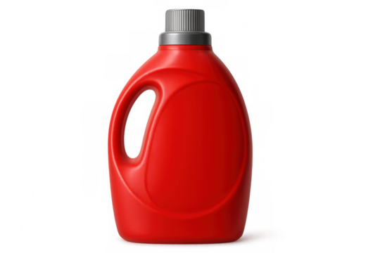 Red plastic detergent bottle with gray cap isolated on transparent background, perfect for showcasing your product design