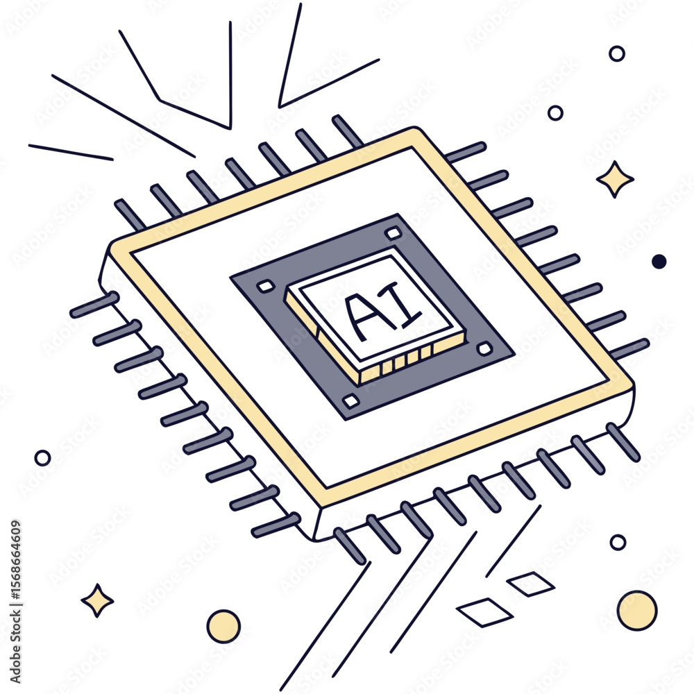 Poster stylized ai chip with radiating lines and geometric shapes processor technology