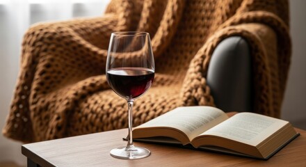 Cozy autumn evening with a glass of red wine and an open book.