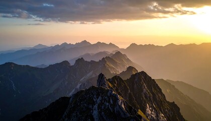 Golden Hour Mountain Ridge View Scenic Sunset Over Rugged Peaks.