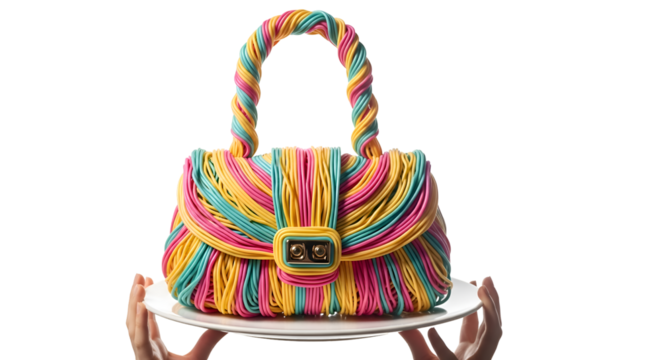 Hands Hold Colorful Bag on Plate, Fashionable Accessory with Vibrant Colors