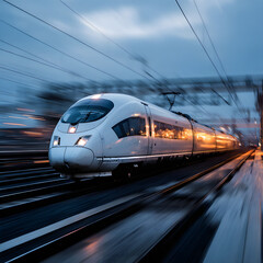 Bullet train high speed with among urban landscape., High speed bullet train speeding with urban landscape, bullet train night.
