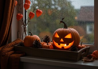A glowing jack-o'-lantern and pumpkins set a spooky, festive fall scene indoors.