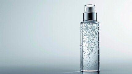 Clear bottle filled with liquid and bubbles, silver top on grey background
